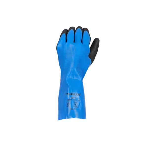 Workland,15GG Cut D Nitrile Flat Coated Gloves with Foam Palm Finish & Gauntlet,35 Cm,Blue & Black - Image 2