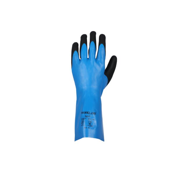 Workland,15GG Cut D Nitrile Flat Coated Gloves with Foam Palm Finish & Gauntlet,35 Cm,Blue & Black - Image 3