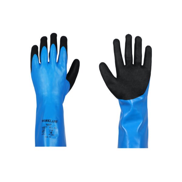 Workland,15GG Cut D Nitrile Flat Coated Gloves with Foam Palm Finish & Gauntlet,35 Cm,Blue & Black - Image 7