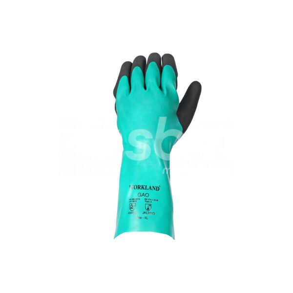 Workland,15GG Cut D Nitrile Flat Coated Gloves with Foam Palm Finish & Gauntlet,35 Cm,Green & Black - Image 2