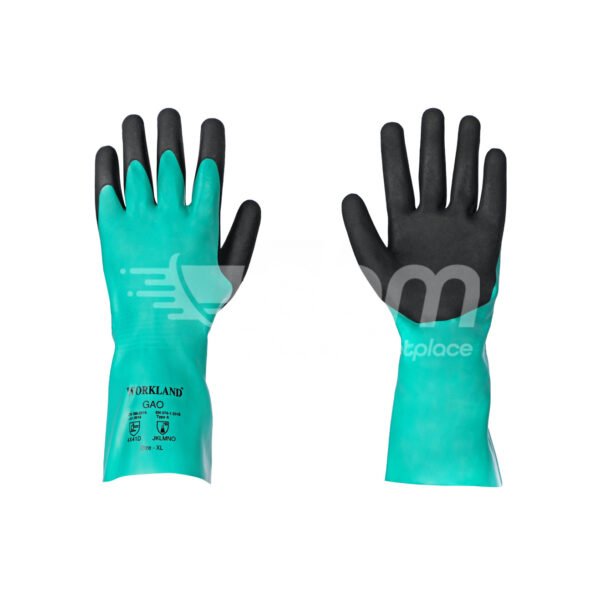 Workland,15GG Cut D Nitrile Flat Coated Gloves with Foam Palm Finish & Gauntlet,35 Cm,Green & Black - Image 3
