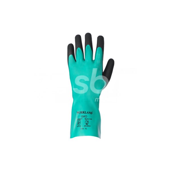 Workland,15GG Cut D Nitrile Flat Coated Gloves with Foam Palm Finish & Gauntlet,35 Cm,Green & Black - Image 4