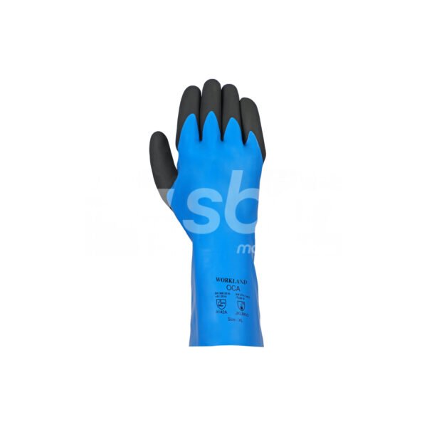 Workland,15GG Cut A Nitrile Flat Coated Gloves with Foam Palm Finish & Gauntlet,35 Cm,Blue & Black - Image 3